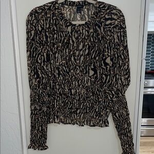 Halogen Black and Tan Animal Print Smocked Blouse | XL